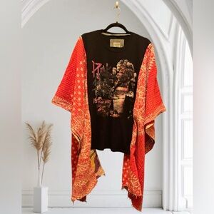 PINK BAND T Poncho Kantha Handmade One Of a Kind Upcycled Boho